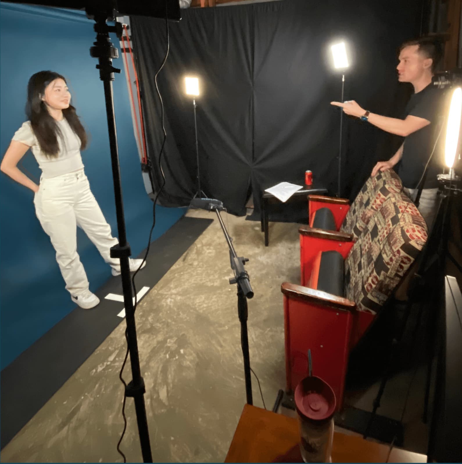 A performer recording a self-tape audition at home